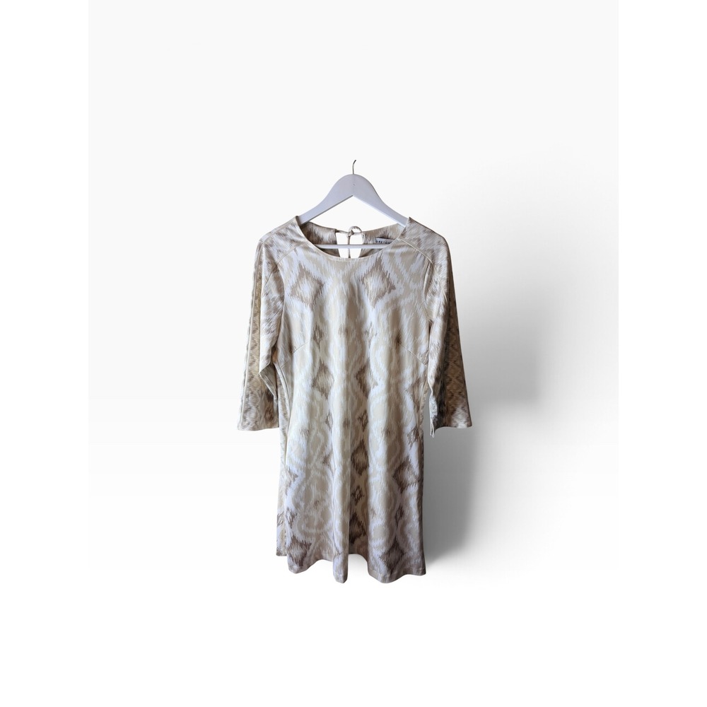 Gretchen Scott Womens Beige Ikat Diamond Print 3/4 Sleeve Keyhole Shift Dress L